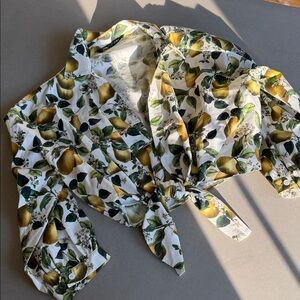 Zara Lemon Print Tie-Front Blouse - White with Yellow & Green NWOT!